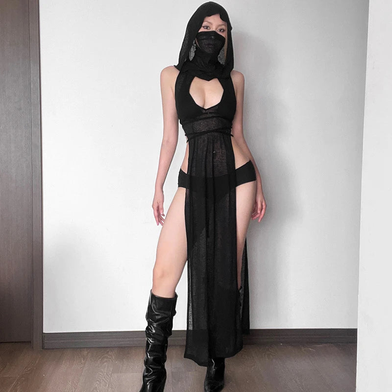 OMSJ Women Gothic 2024 Black Hooded Knitted High Split Long Dress Hollow Sexy See-through Straight Dress Festival Rave Club Wear
