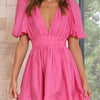 Women Summer Casual A-line Dress Solid Color Deep V-Neck Short Puff Sleeve Mini Dress Fashion Party Short Dress