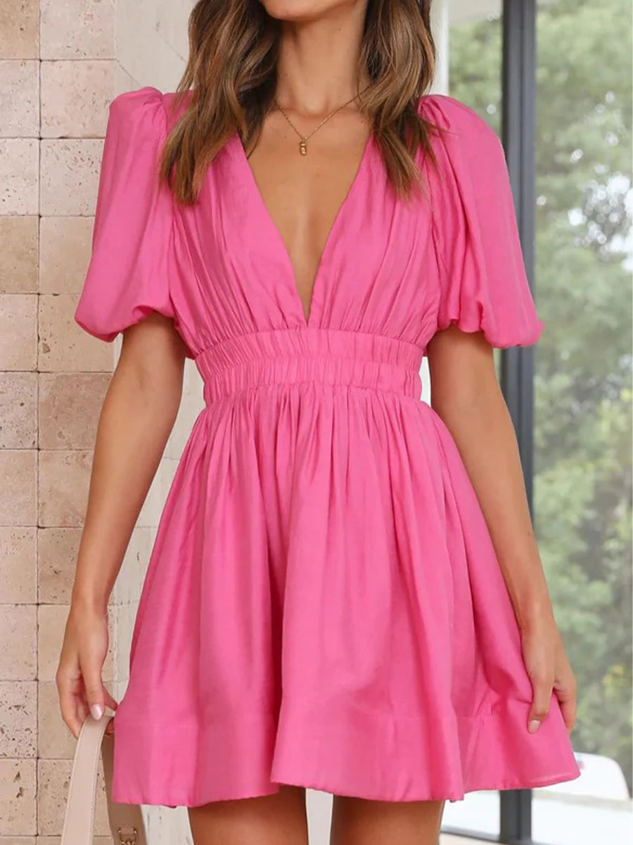 Women Summer Casual A-line Dress Solid Color Deep V-Neck Short Puff Sleeve Mini Dress Fashion Party Short Dress