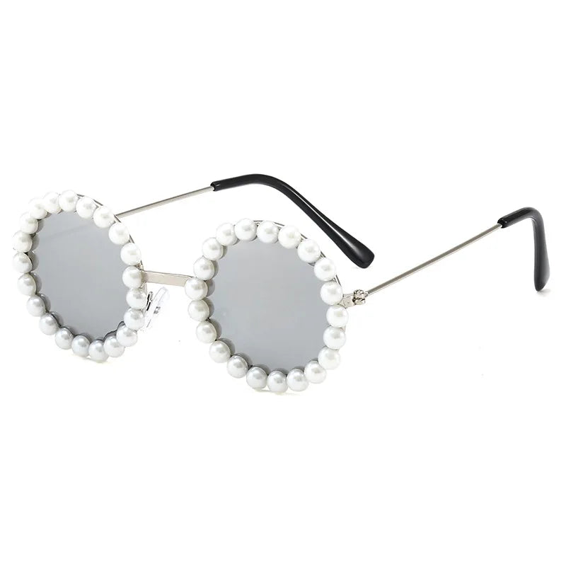 New Children's Circle Form Sunglasses Girl Decorative Pearl Frame Fashion Sun Glasses Cute Baby Outdoor Sunshade Eyewear UV400