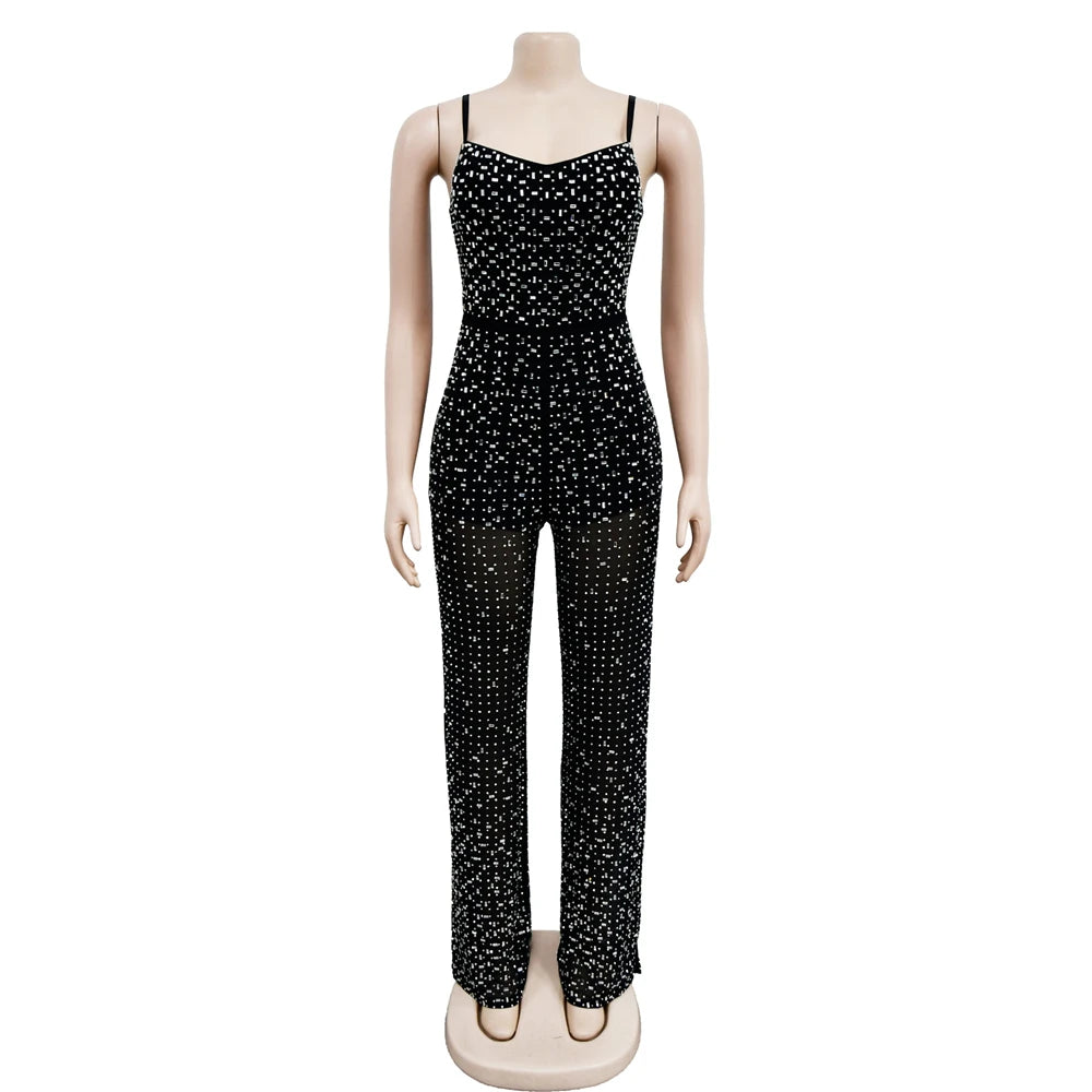 HBLL Women Club Outfits Spaghetti Strap Bodycon Jumpsuits Sparkly Rhinestone Romper Birthday Night Out One Piece Clubwear