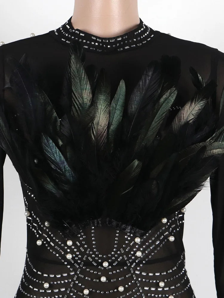Beyprern Black Pearls Rhinestone Short Party Dress Luxury Women's Solid Color Mesh Beaded Sheer Feather Dresses Vestidos Robes