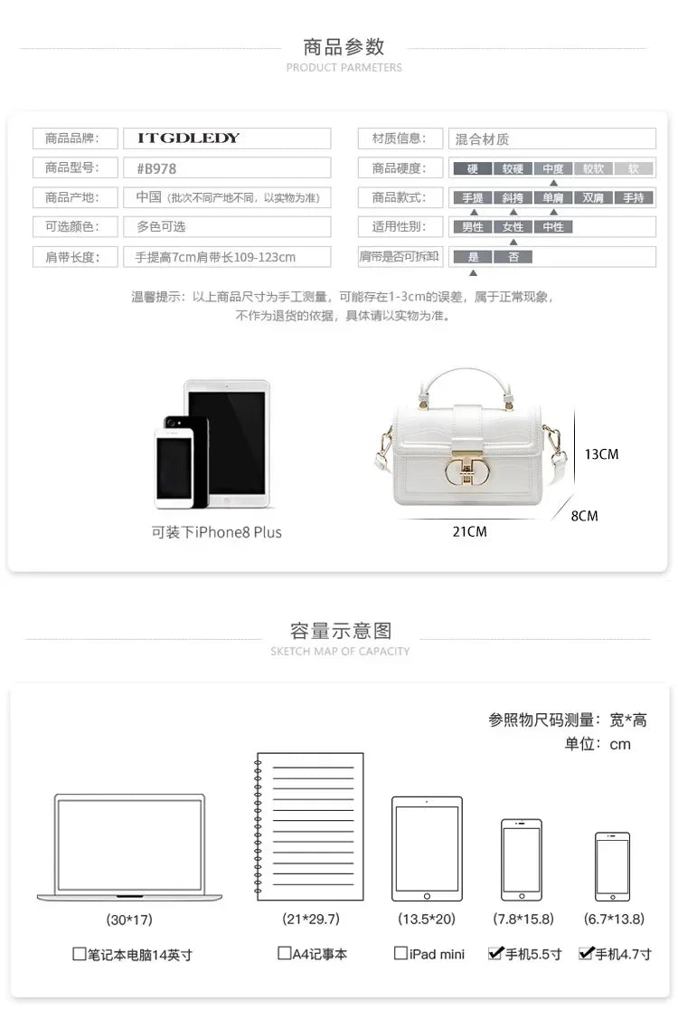 Luxury Designer Bags with High Quality Alligator Printing Leather and Delicate Metal Design Women's Portable Shoulder Bag