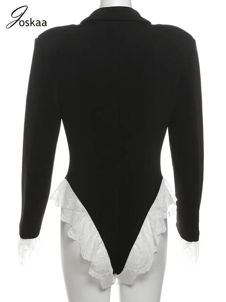 Joskaa Women Lace Patchwork Black Blazer Bodysuits Sexy Deep V-Neck Long Sleeve One Piece Rompers Coquette Midnight Clubwear