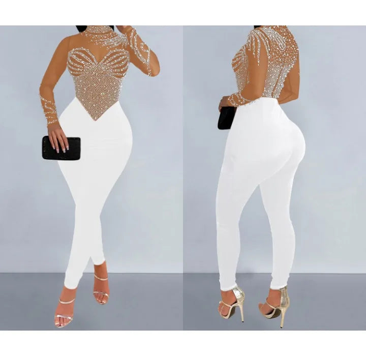 Elegant Women Jumpsuit Streetwear 2024 Spring Fashion Versatile Casual Solid Color Hot Diamond Long Sleeve Jump Suits for Female