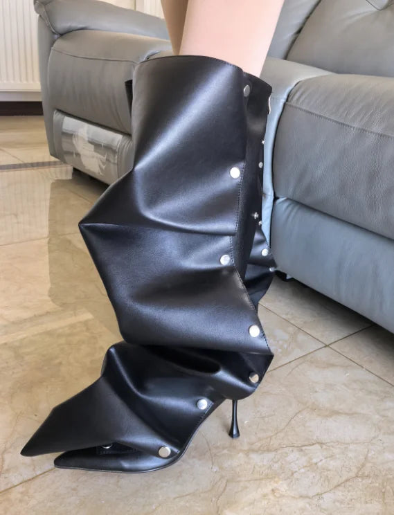 High Heel Long Boots for Women Botte Winter Boots Shoes Botas Mujer Thin Heeled Pointed Denim Metal Button Shoe Zapatos De Mujer