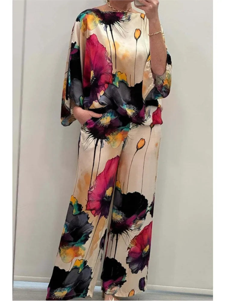 Casual Sets for Women 2 pieces Summer Fashion Printed Satin Two Piece Sets Women Sexy Round Neck Top+Wide Leg Long Pants Outfits