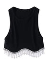 High Street Sexy Hem Tassel Diamond Beading Knitting T Shirt Chic Short Camis Tank Lady Slim Crop Vest Tops