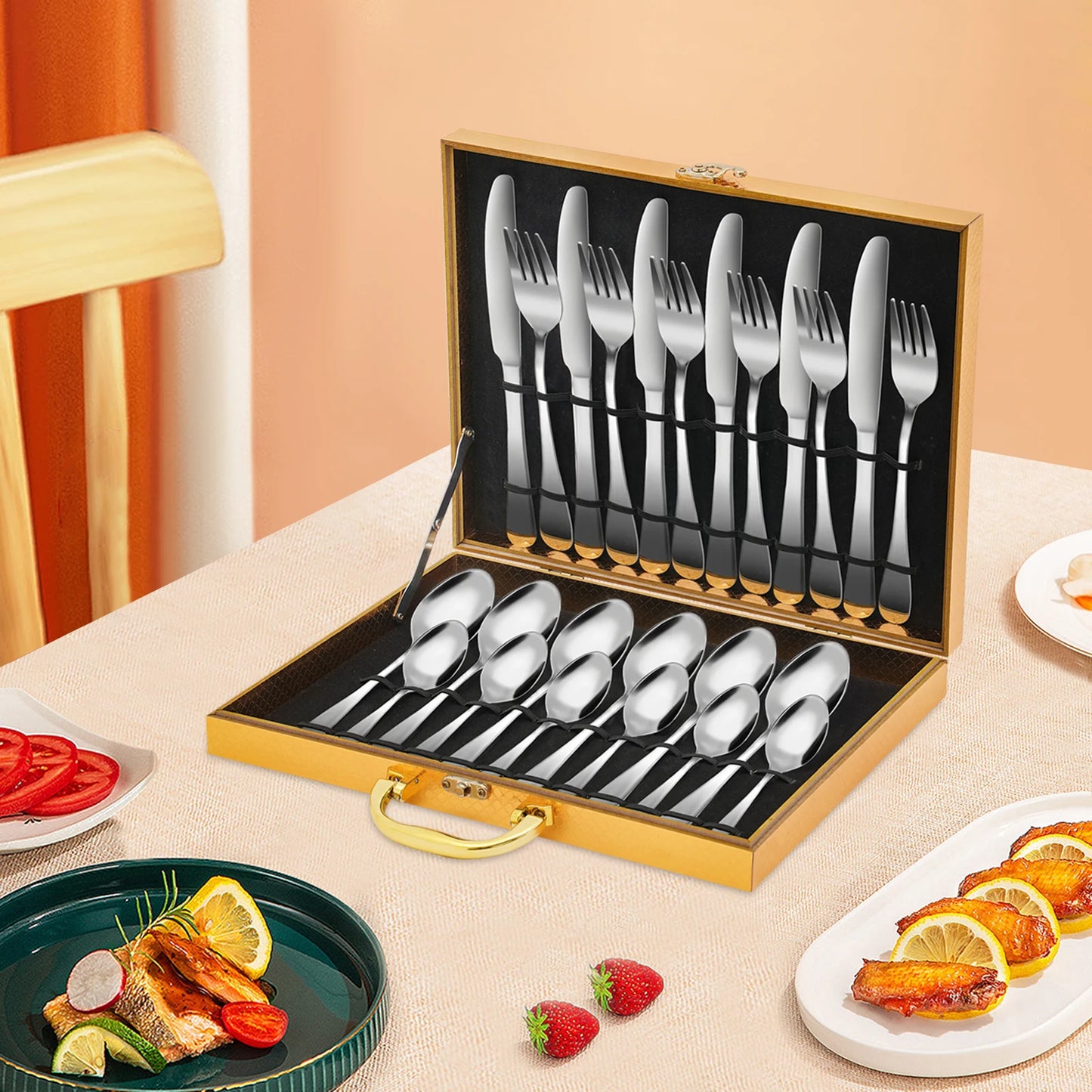 24Pcs/90Pcs Flatware Set Stainless Steel Silverware Utensil Kitchen Tableware Forks Knives Spoons Cutlery for Home Restaurant
