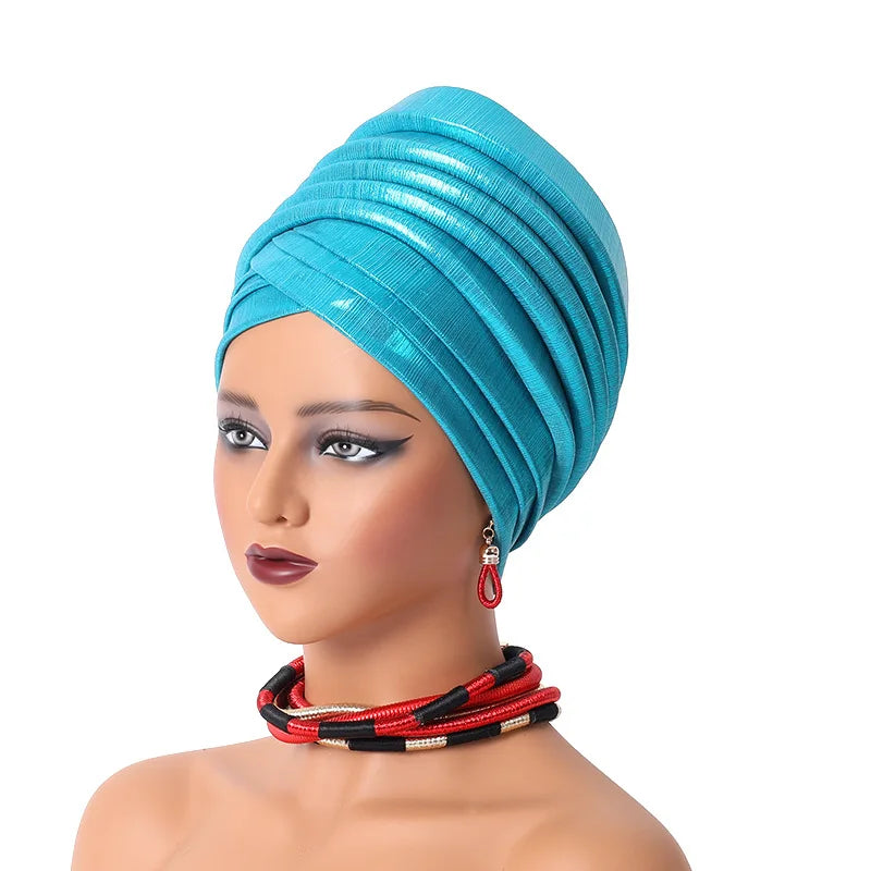 African Women's Auto Gele Headtie Nigeria Lady Pleated Head Wraps Muslim Headscarf Bonnet Turbante Mujer