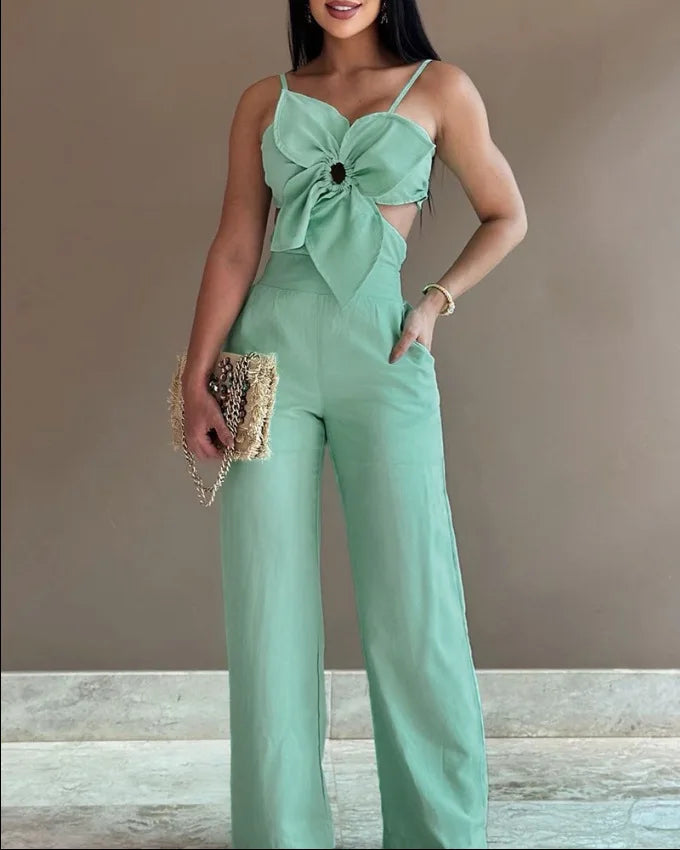 2024 Summer Fashion White Jumpsuit Women Floral Pattern Shirred Hollow Out Casual Asymmetrical Neck Pocket Backless Jumpsuits