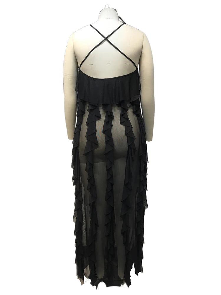 Chic and Elegant Summer Dress Women Halter Sexy Birthday Dress Transparent Mesh Backless Maxi Dress Wholesale Dropshipping