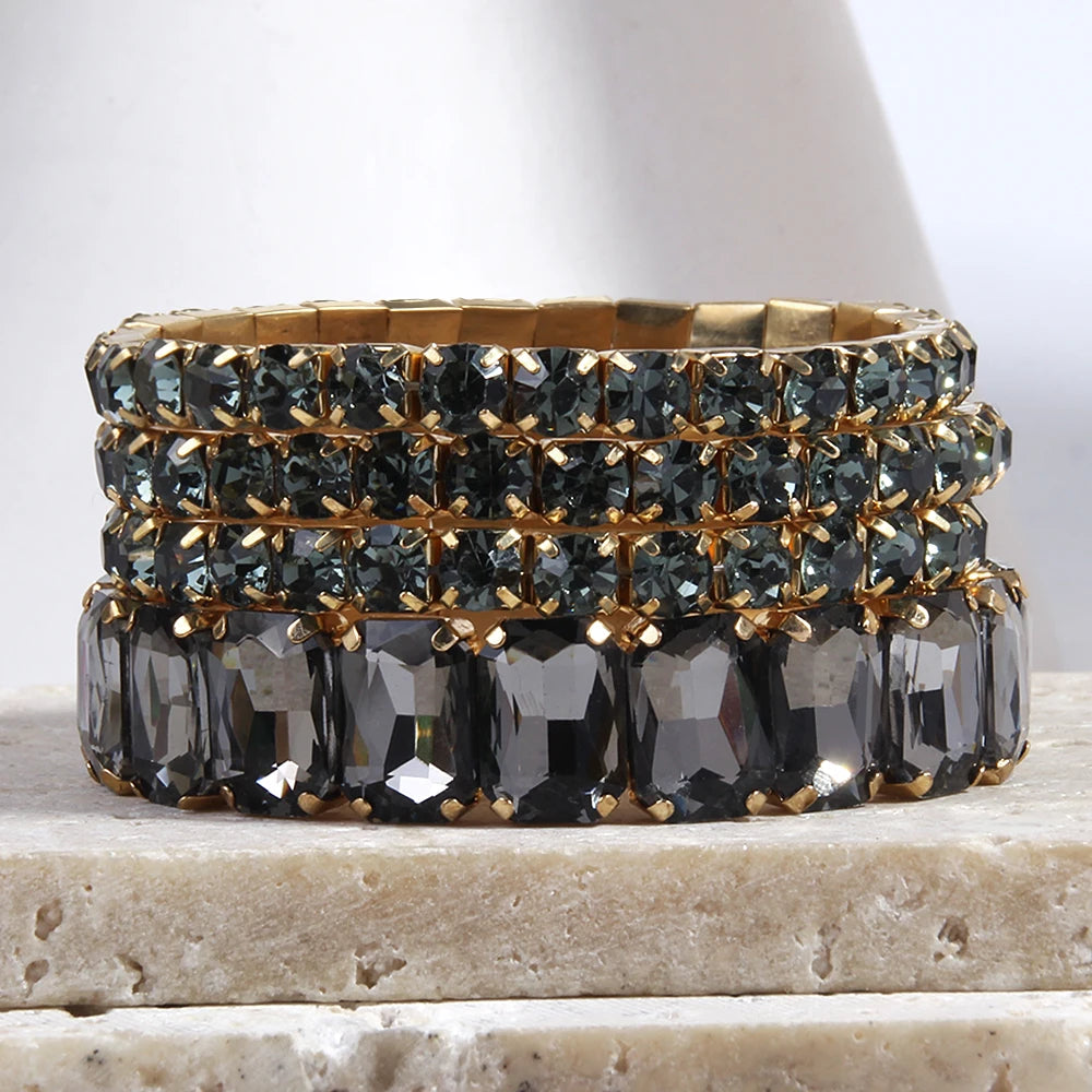 Fashion Bohemia Tennis Shiny Bracelet Jewelry 4 pcs Multicolor Crystal Glass Elastic Stack Bracelets Set