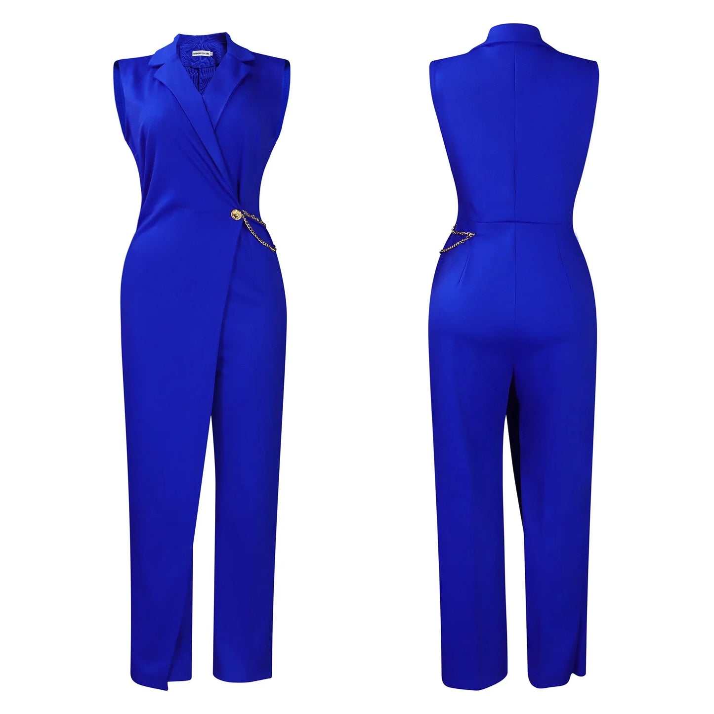 Elegant Jumpsuits & Rompers for Woman 2024 New Turn Down Collar Sleeveless High Waisted V Neck Straight Female Birthday Overalls