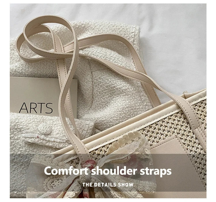 Trendy Lightweight Casual Bow Decor Straw Bag Hollow Out Knitted Flower Tote Bag Large Capacity Shoulder Bag For Teen Girl Women