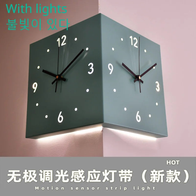 Creative Light Sensor Corner Wall Clock Square Simple Double Sided Wall Clock with Arabic Numeral Scale Analog Silent Wall Clock