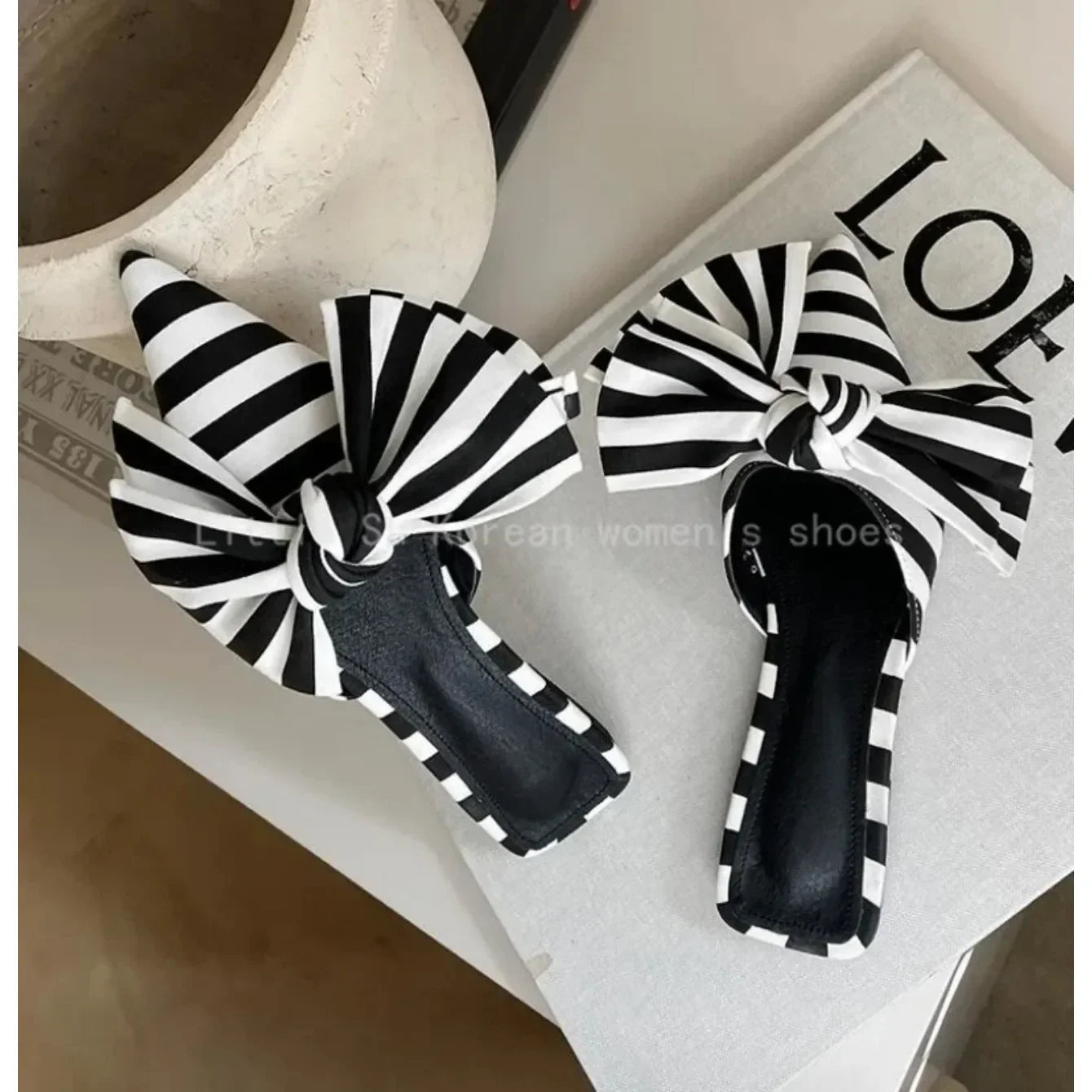 Oversize Bowtie Mule Shoes Women Fashion Pointed Toe Stripe Wave Slip-on Sandals Ladies Luxury Satin Silk Outdoor Flat Slippers