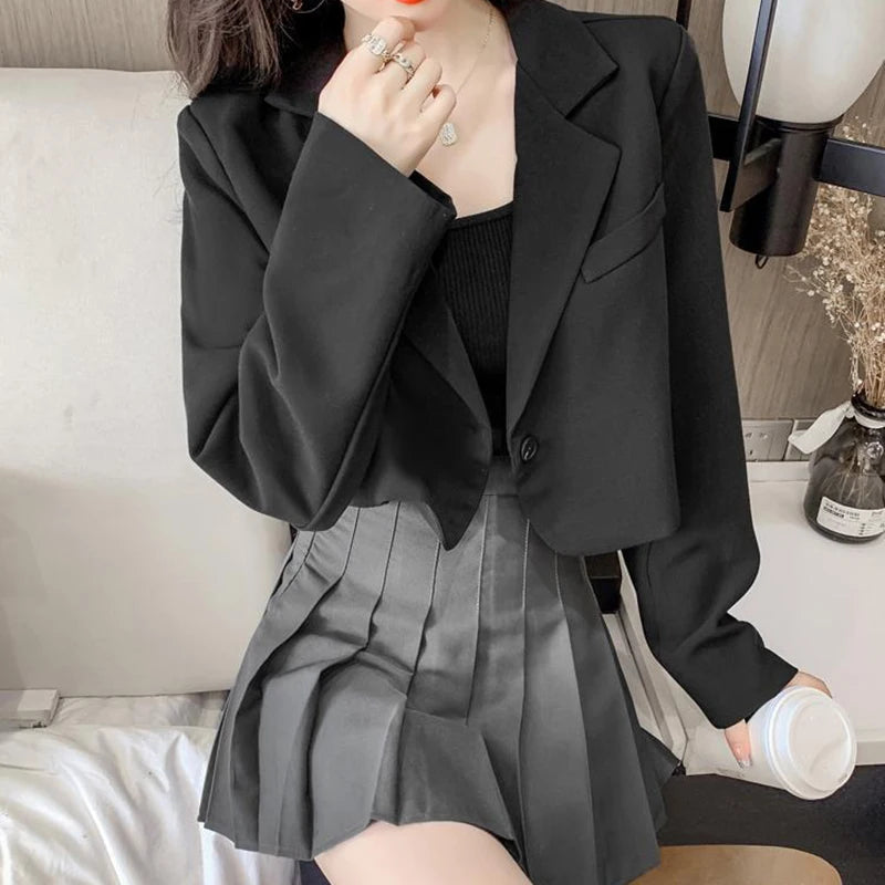 Cropped Blazers for Women 2024 New Korean Fashion Long Sleeve Button Up Suit Jacket Woman Elegant All Match Office Blazer Female