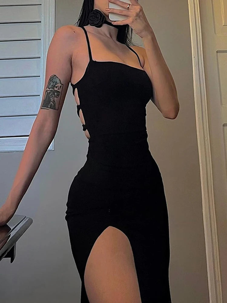 AltGoth Fairycore Sexy Midi Dress Women Streetwear Mall Gothic Backless Lace-up Halter High Waist Bodycon Dress Partywear Female