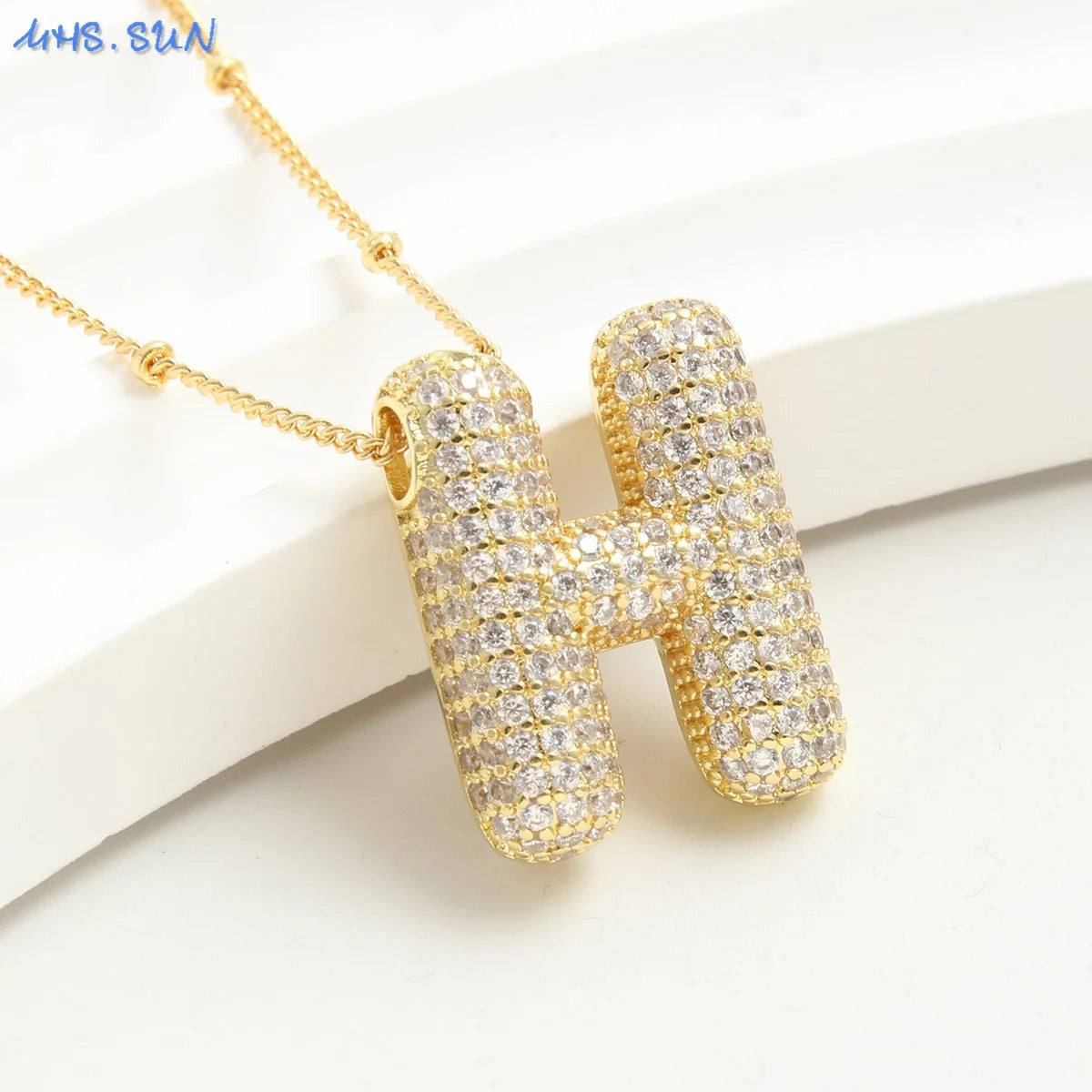 SUNSLL Cubic Zircon A-Z 26 Bubble Letter Necklace 2 Sizes Gold Plated M Chunky Balloon Initials Pendant Women Chain Jewelry 2024