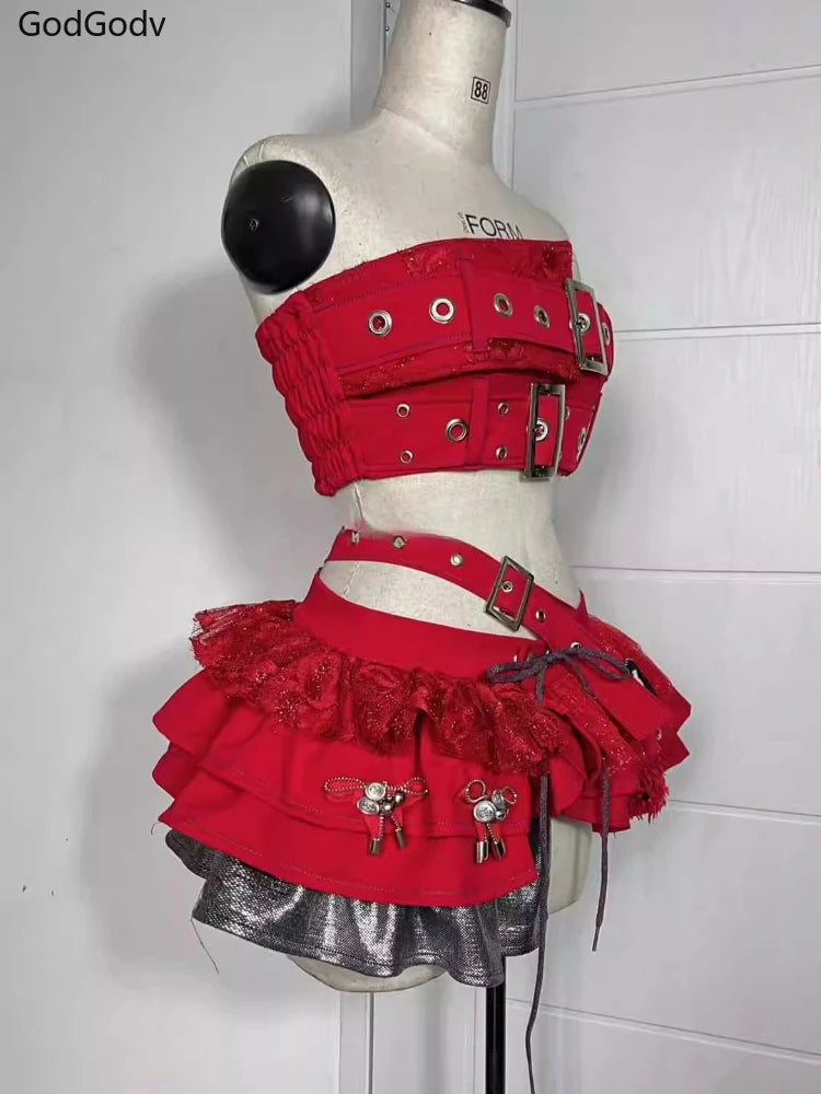 Punk Style Vintage Woman 2 Piece Sets Y2k Design Strapless Crop Tops + High Waist Ruffle Skirt Female Party Korea Style Outfits