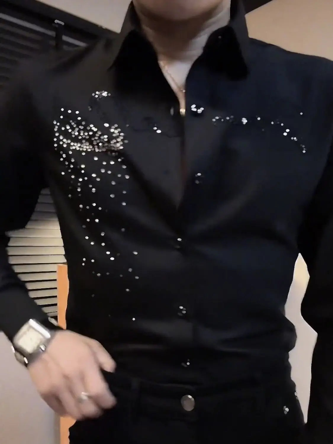 Spring Autumn Men's Korean Fashion Business Casual Rhinestone Button Up Shirt Male England Black Long Sleeve Slim Handsome Tops