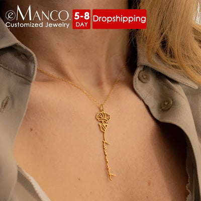 eManco Custom Birth Month Botanical Flower Pendant Stainless Steel Gold Plated Personalized Name Necklace Women's Accessories