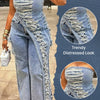 Plus Size Party Blue Asymmetric Hem Distressed Denim Two Piece Pant Sets