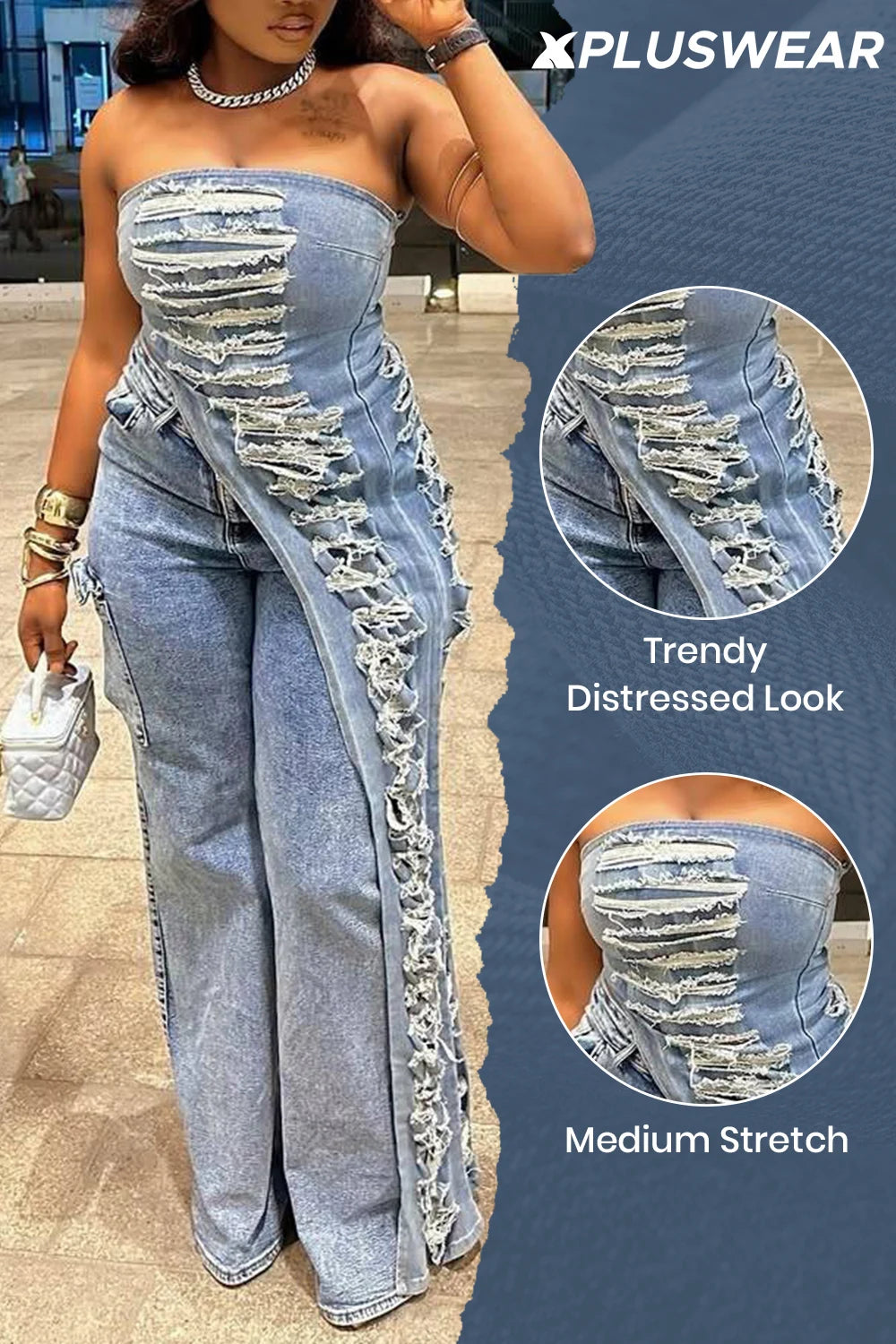 Plus Size Party Blue Asymmetric Hem Distressed Denim Two Piece Pant Sets