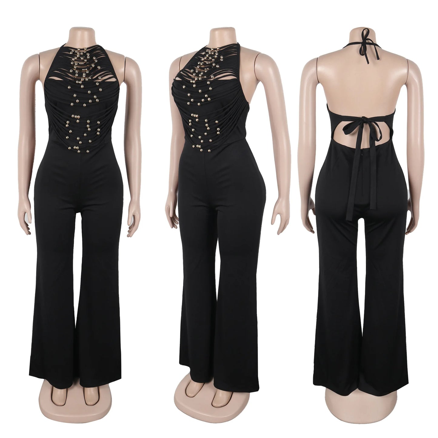 Joskaa 2025 Summer Elegant Hollow Halter Lace-Up Jumpsuits Women Hipster Sexy Backless Skinny One Piece Rompers Party Clubwear