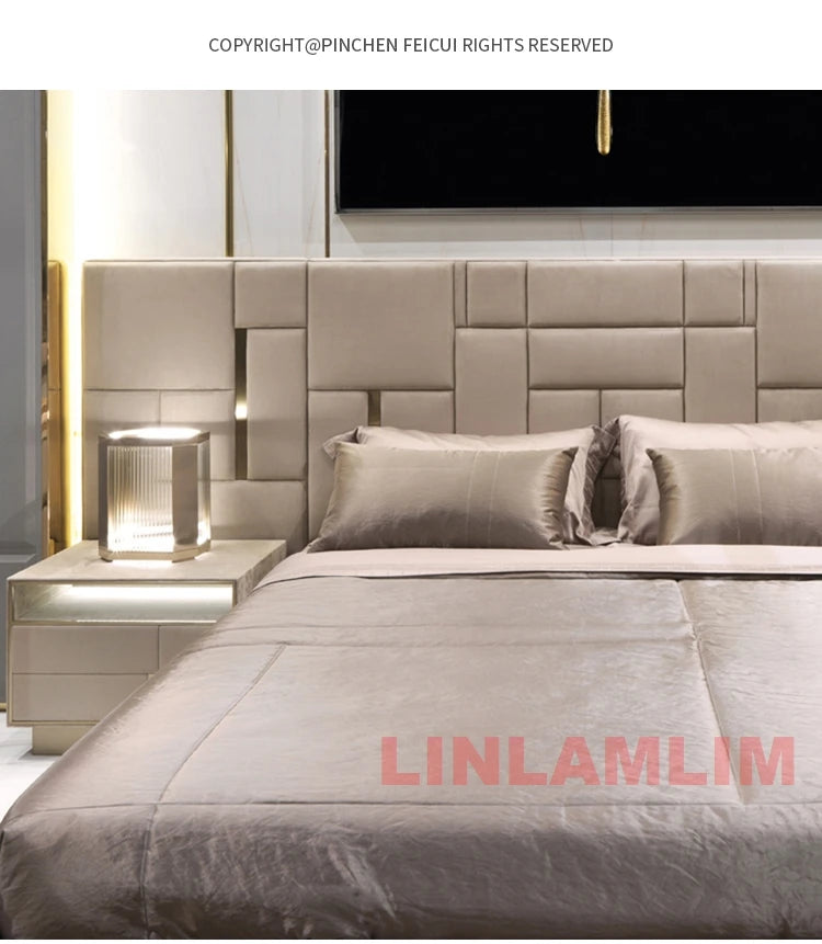 MANBAS Luxury Modern King Size Bed with Soft Upholstered Headboard and Storage Nightstands - Genuine Leather Bedroom Furniture