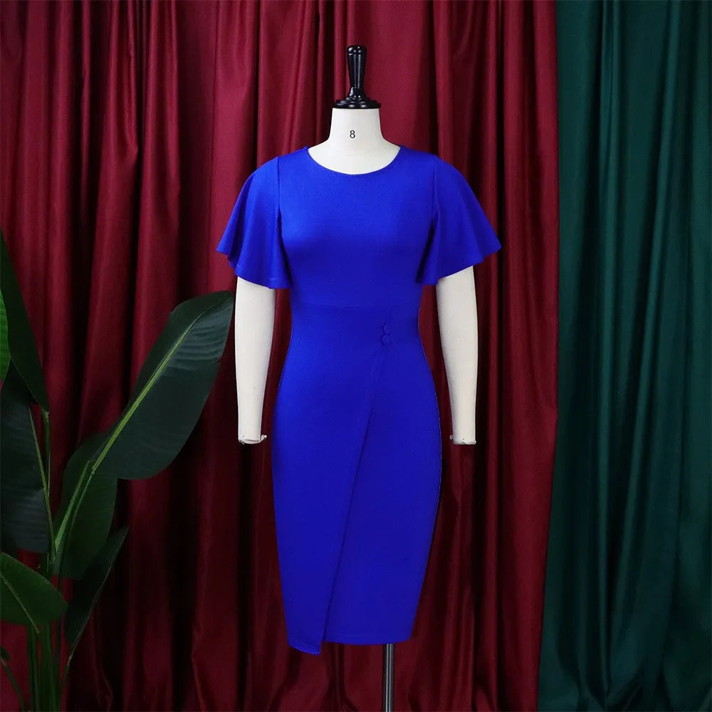 Dress Women Mid Length Dresses Green Slim Ruffles Bodycon Round Neck Short Sleeve Sexy Elegant Party High Waist Vestidos