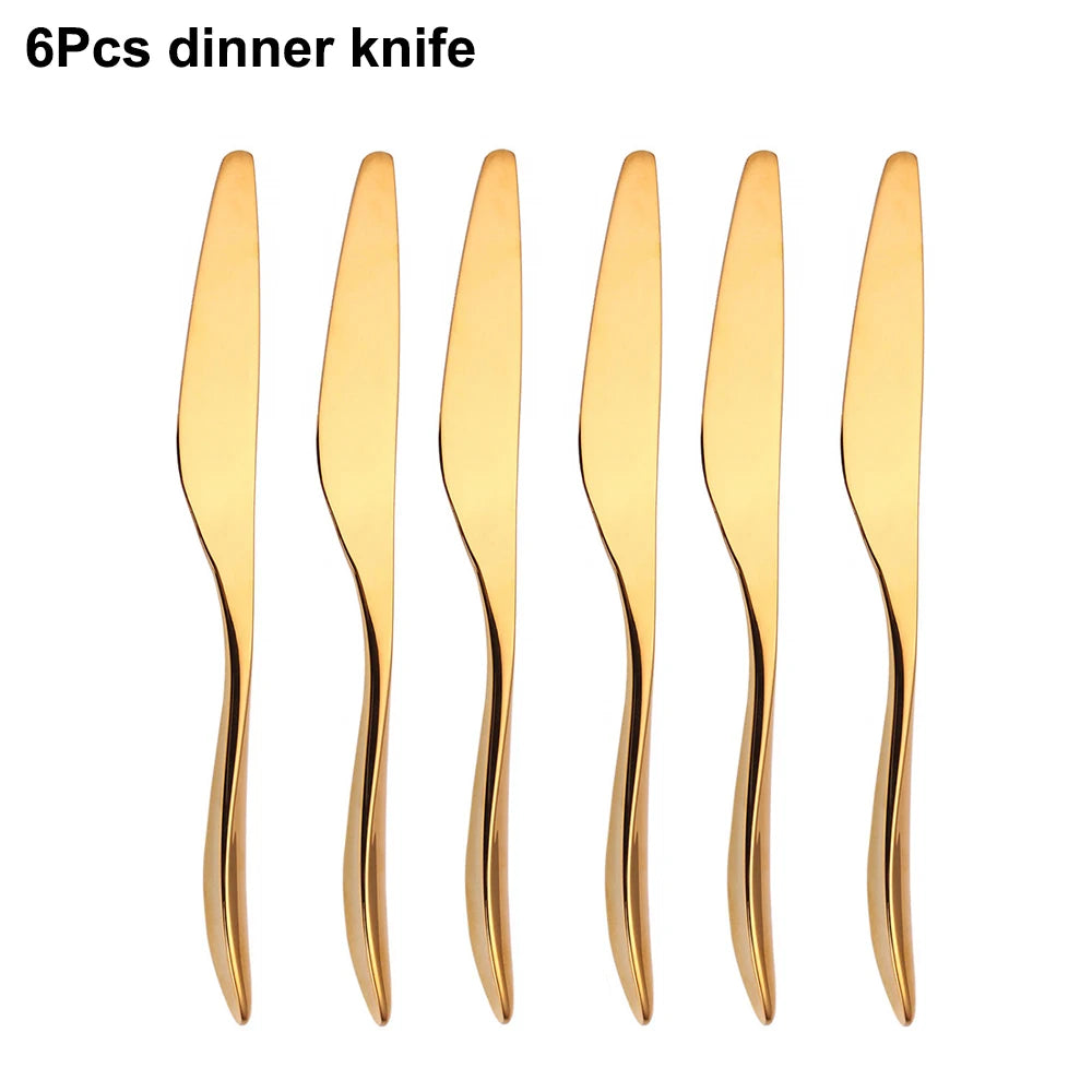 6/16/20/24Pcs Gold Tableware Stainless Steel 304 Cutlery Set Western Dinner Set Mirror Knife Fork Spoon Smooth Handle Flatware