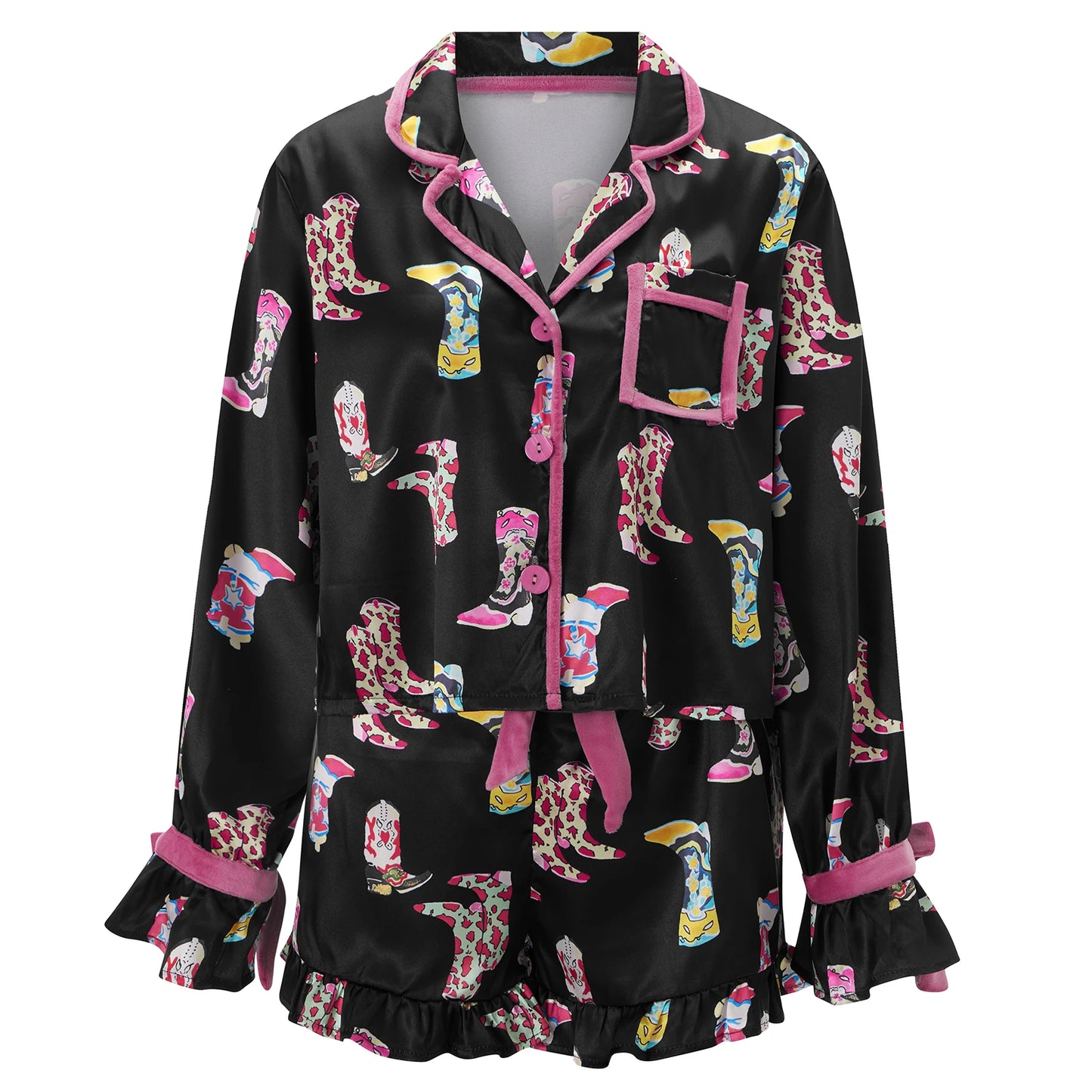 Women 2 Piece Christmas Pajamas Cute Bow Tie Long Sleeve Santa Claus Shirts Ruffles Boxer Shorts Satin Silk Xmas Pjs Sets