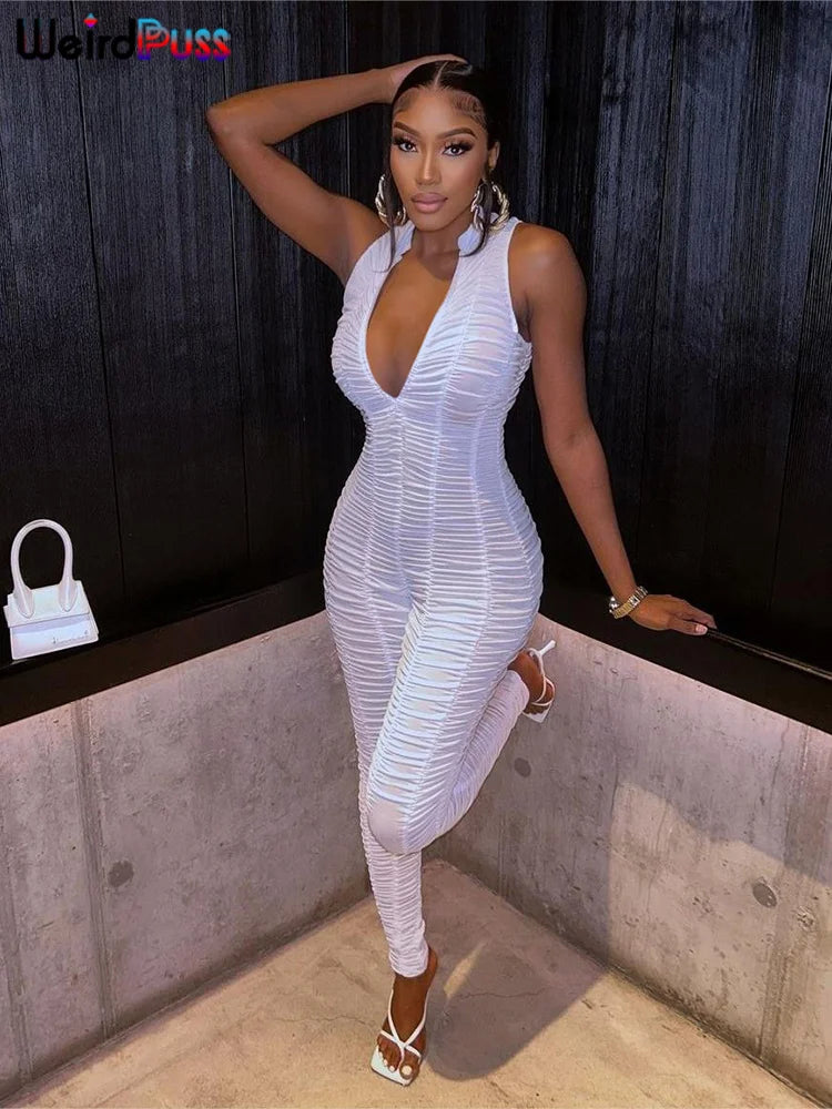 Weird Puss Ruffles Stretch Jumpsuit Women Casual Tight Fitness Activity Sleeveless Low-Neck Solid Skinny Sporty Workout Overalls