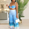 Sexy Nightclub Outfits for Women 2 Piece Set Birthday Vacation Bra Crop Top and Print Wide Leg Pants Matching Sets Beach Wear