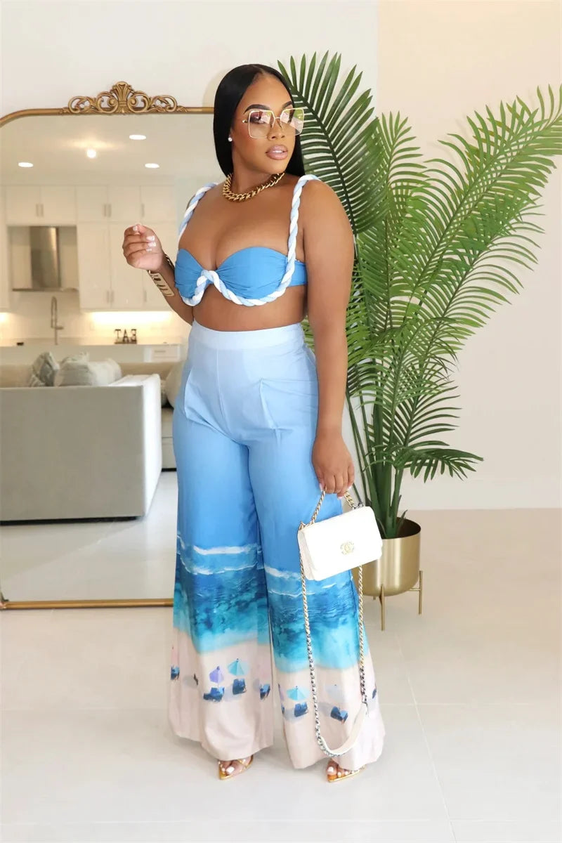 Sexy Nightclub Outfits for Women 2 Piece Set Birthday Vacation Bra Crop Top and Print Wide Leg Pants Matching Sets Beach Wear