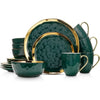 Florian Modern Porcelain 16 Piece Dinnerware Set, Plates and Bowls Set, Dish set for 4, Green and Golden Rim