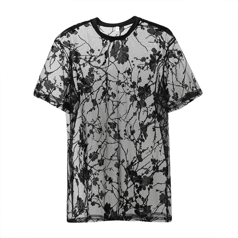 Summer Men's Clothing Mesh Lace Knit T-shirt Streetwear Hollow-Out O Neck Sweater Short Sleeve Tees Rose Printed Luxury Knitwear