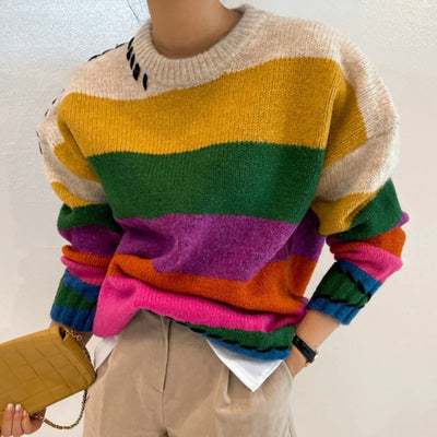 Chic Vintage Contrast Oversized Sueter Fairy Grunge Pullover O Neck Rainbow Sweaters Winter Striped Knitting Sweater Women