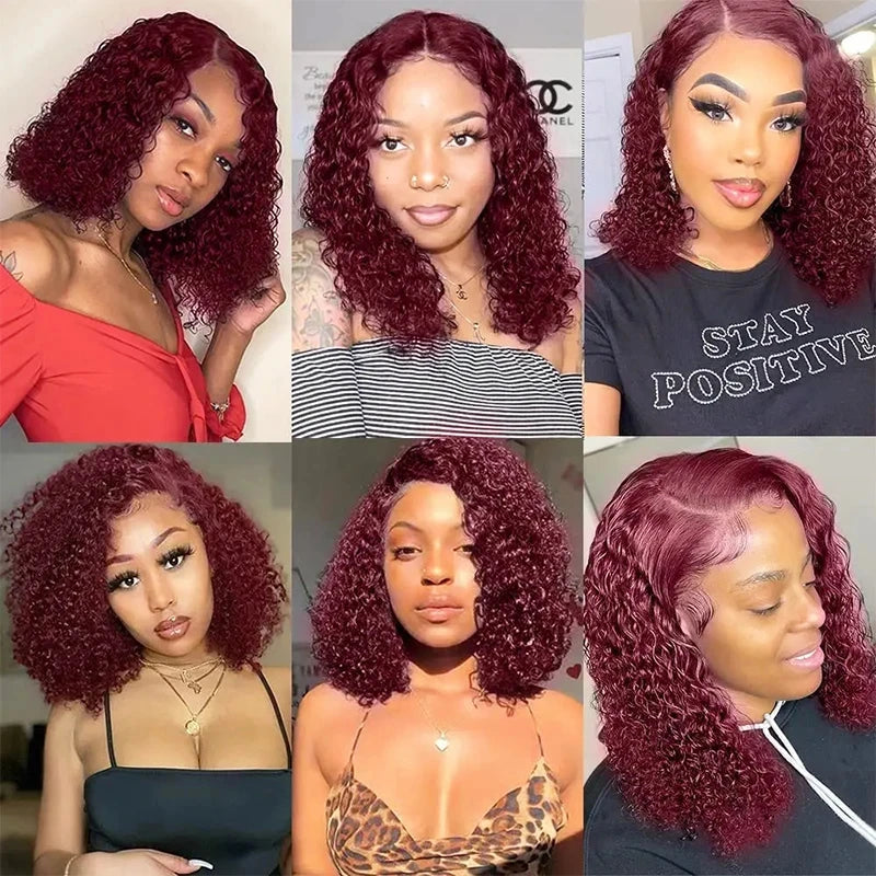 13x4 Deep Wave Frontal Wig 99J Burgundy Lace Front Wig Short Bob Hair Wig Human Hair HD Transparent Lace Pre Plucked Hairline