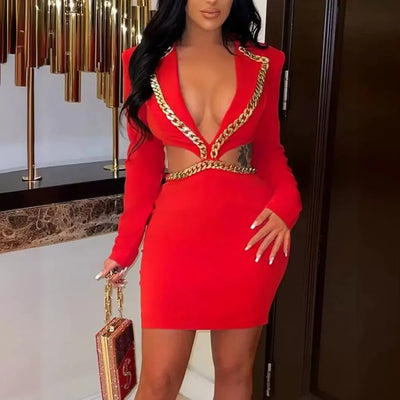Women Hollow Out Chain Tight Mini Dress Deep V Neck Solid Color Sexy Long Sleeve Summer Mini Dress Y2K
