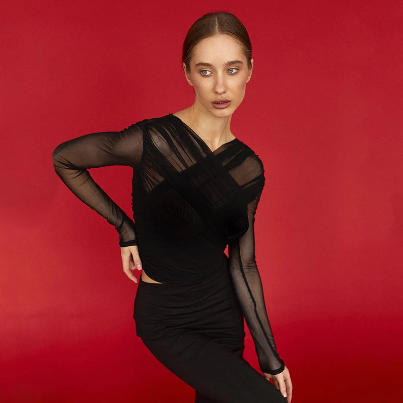 CUTENOVA Chic Design Cross Neck Crop Top Solid Color Mesh See Through Sexy Pleated Long Sleeve Elegant T-Shirt For Women Casual