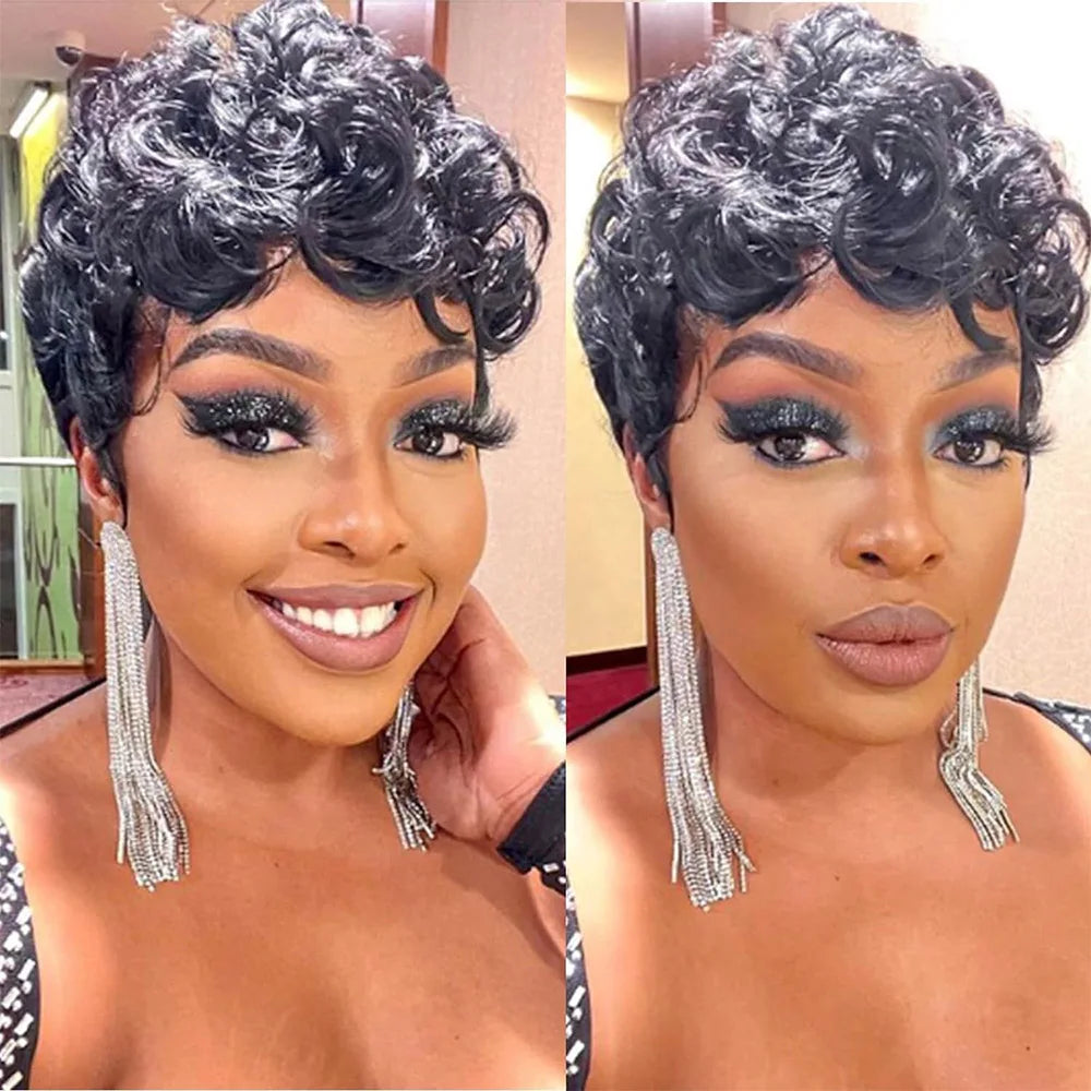 Curly Pixie Cut Wigs Short Human Hair Wig for Black Women Natural Black Wave Bob Glueless Wig Remy Hair Full Machine Made Wig