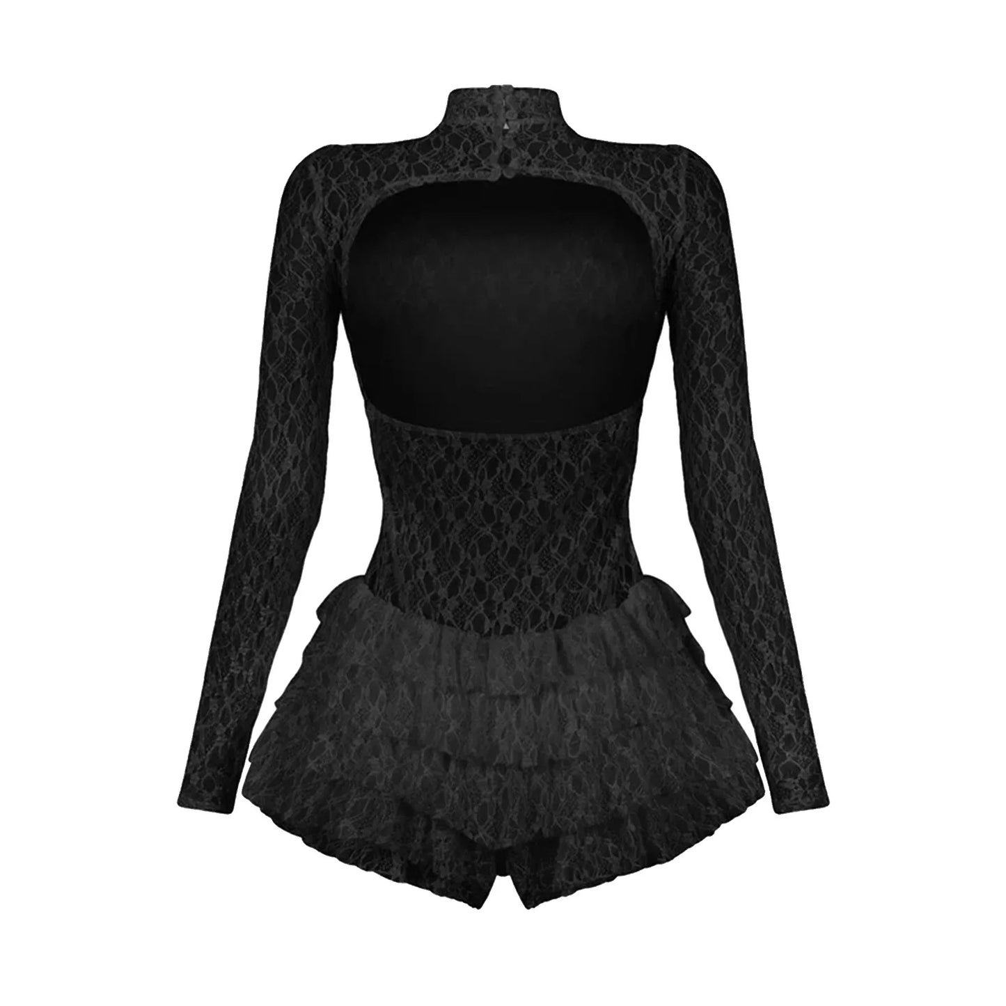 BWQ Women Long Sleeve Lace Ruffles Ruched High Waist Short Jumpsuit Streetwear Backless Street One Piece Romper Playsuit
