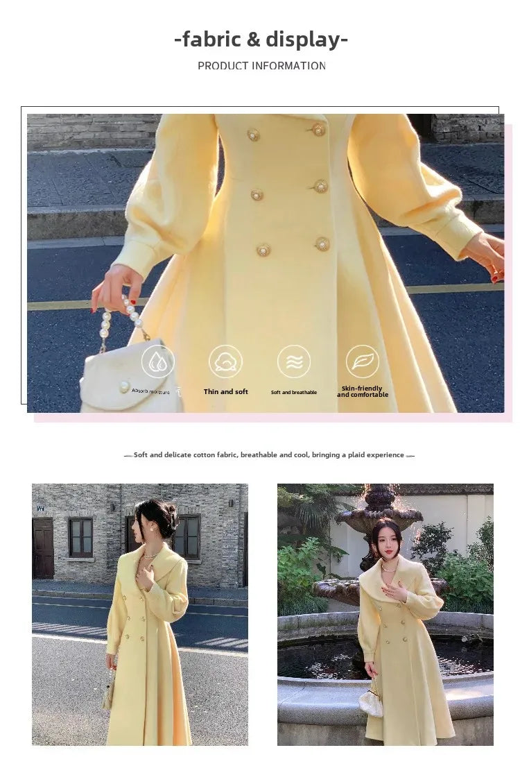 Plus Size 2024 Autumn/Winter New Style French Vintage Tweed Large Lapel Woolen Overcoat Long Sleeve Double Row Button Overcoat