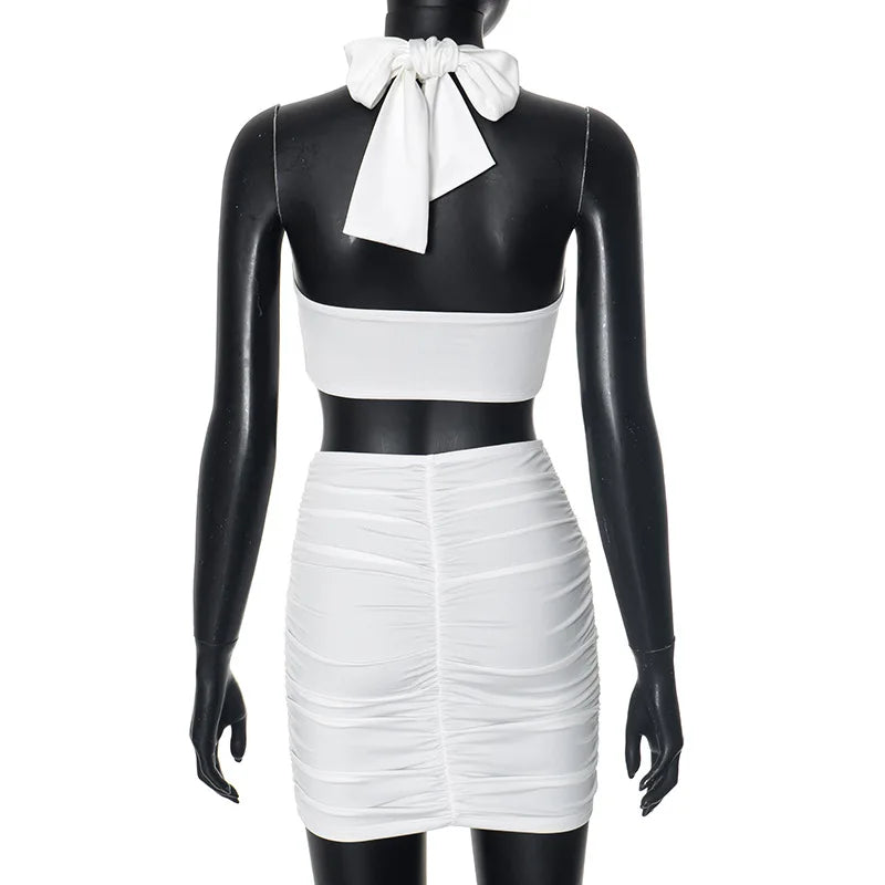 Sexy Metal Loving Heart 2 Piece Dresses Sets Halter Bandage Corset Tops and Mini Skirts Night Club Outfit White Black Streetwear
