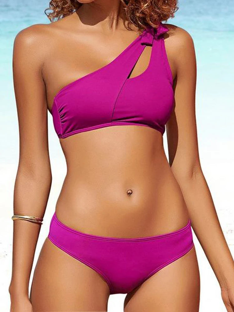 Bikini 2025 New Swimsuit Women Swimwear Solid Black One Shoulder Bikinis Set Bathing Suit Female Two Pieces Beach Wear Biquini