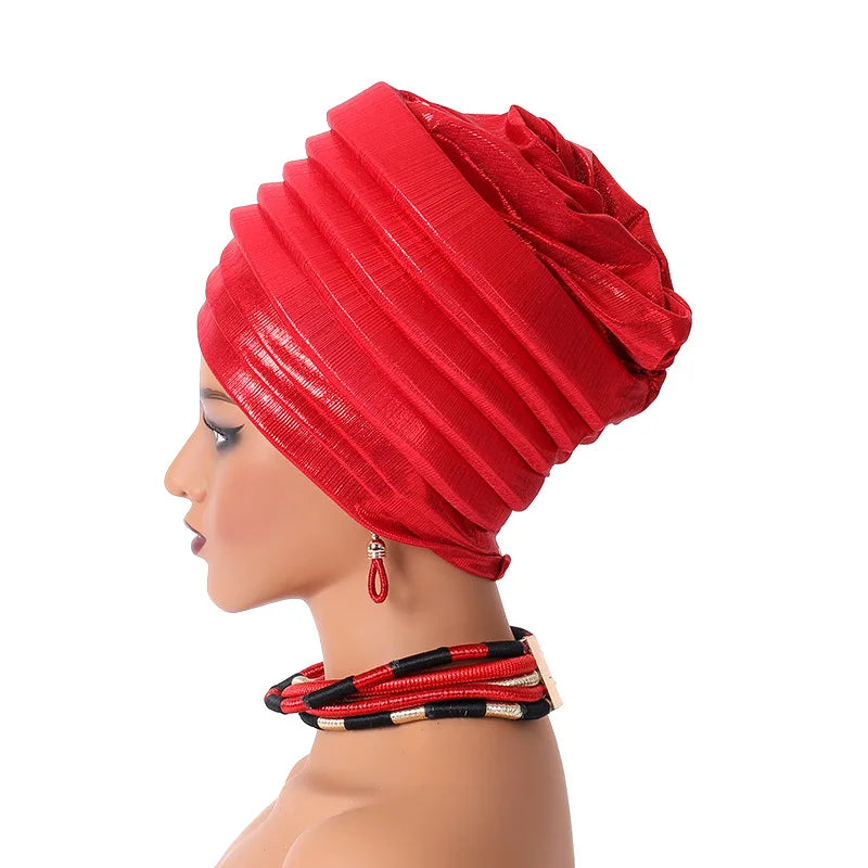 African Women's Auto Gele Headtie Nigeria Lady Pleated Head Wraps Muslim Headscarf Bonnet Turbante Mujer
