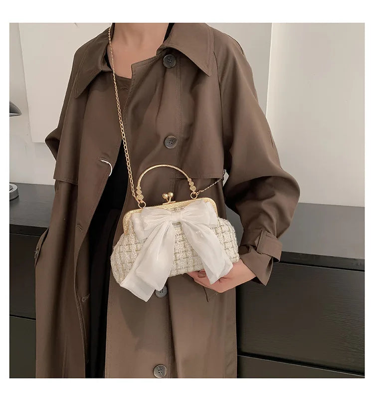 Glittering Chain Plaid Pattern Evening Bag For Women Bow Decor Shoulder Bag, Fashionable Elegant Clutch, Women‘s Crossbody Bag